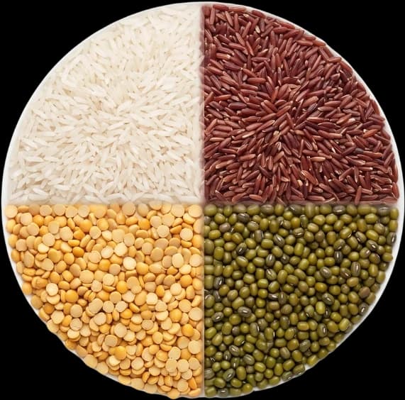 White rice, red rice, split dhal and green gram