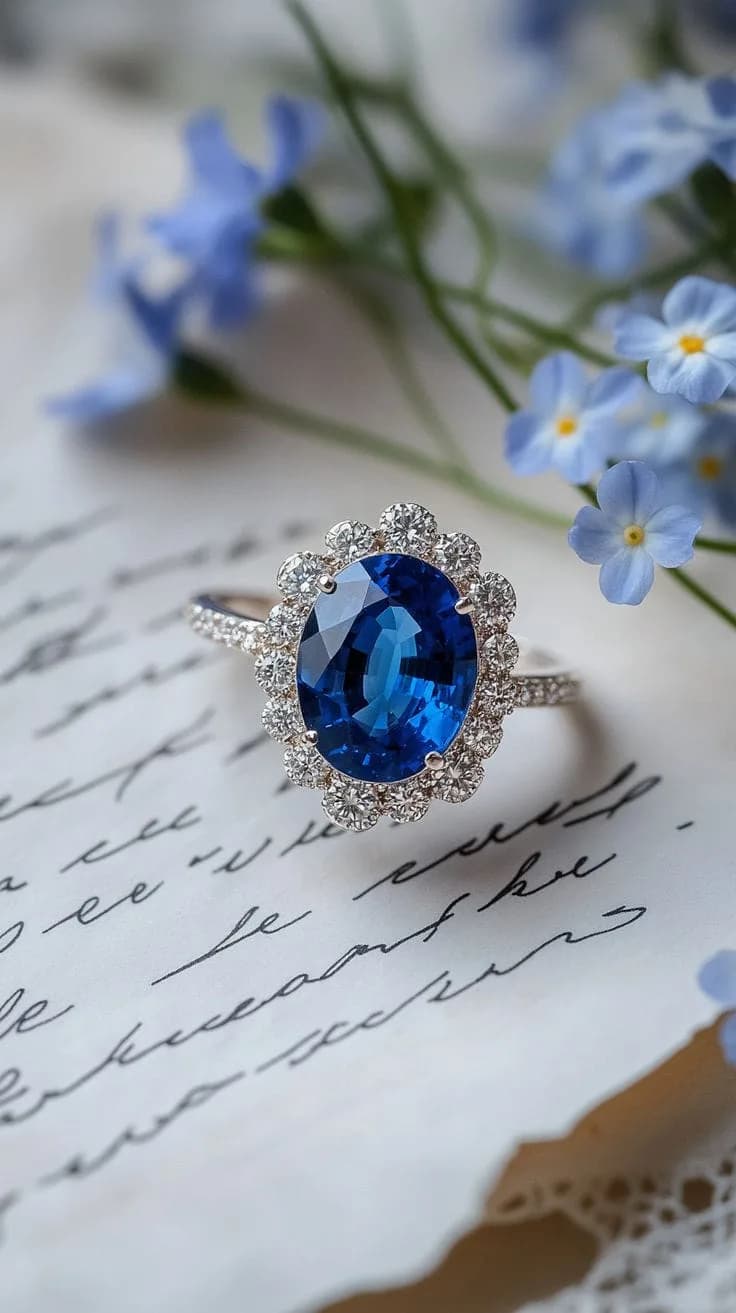 An oval blue gemstone ring surrounded by clear stones