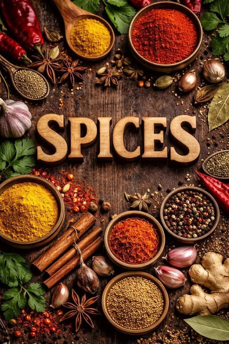 A collection of whole and ground spices arranged on wood